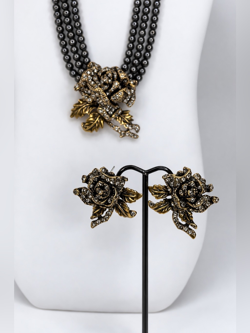 Heidi Daus Signed Gray Bead Necklace and Rose Rhinestone Earrings Set